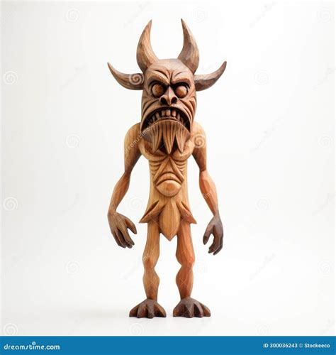 Intricately Sculpted Wooden Toy Demon Figure With Big Horns Stock