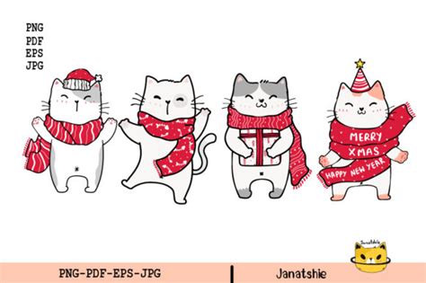 Set Of Cute Happy Cat Christmas Clip Art Graphic By Janatshie · Creative Fabrica