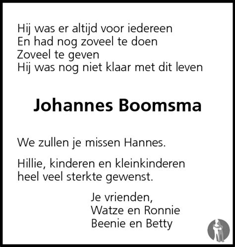 Johannes Rienk Boomsma Overlijdensbericht En Condoleances