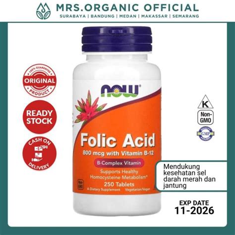 Promo Vitamin Suplemen Folic Acid 800 Mcg B12 Now 250 Tablet Diskon