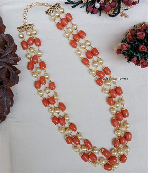 Three Layered Pearl And Coral Chain South India Jewels Online Shop