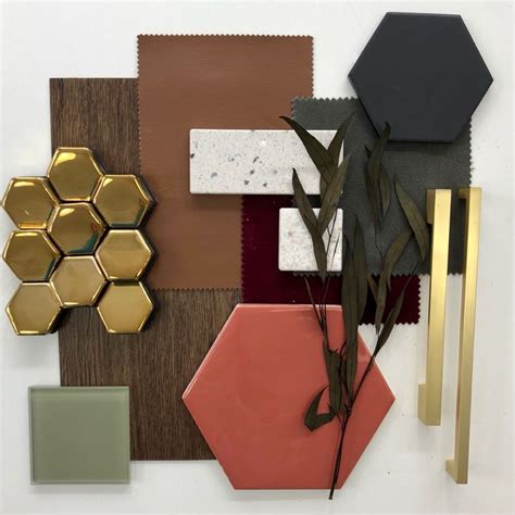 Interior Design Materials Palette With Pink Red Brown Gold And