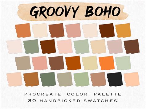 Groovy Boho Procreate Palette 30 HEX Handpicked Colors Instant Digital