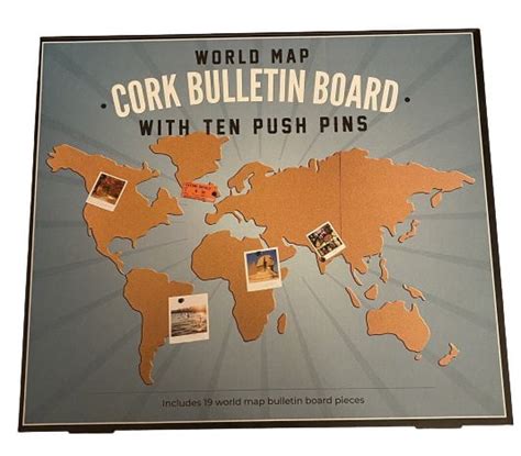 World Map Cork Bulletin Board With 10 Push Pins