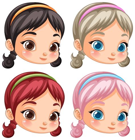 Conjunto de niña caricatura cabeza con coleta pelo Vector Premium