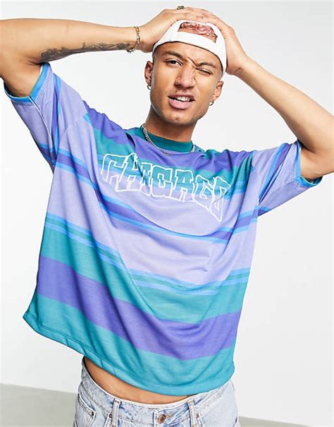 Asos Design Oversized Stripe T Shirt In Green With Chicago City Print