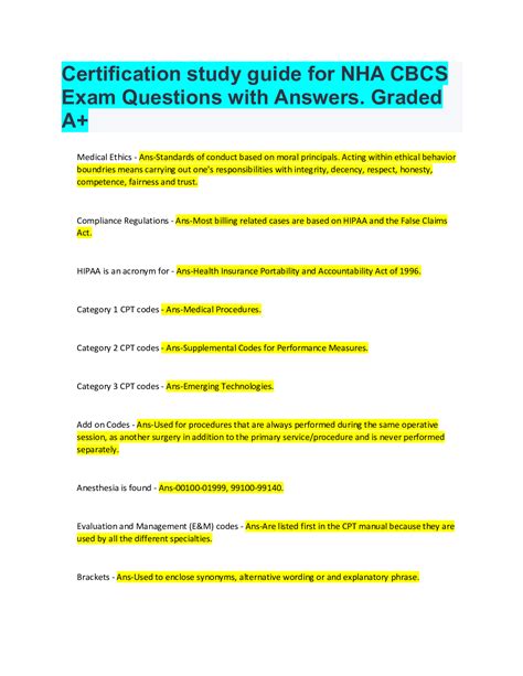 Certification Study Guide For NHA CBCS Exam Questions With Answers