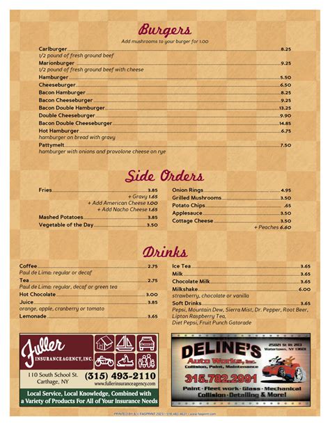 Longways Diner Menu Fasprint Menus