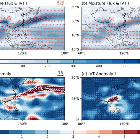 The composite analysis of IVT (shading) and moisture flux (vector) (a ...