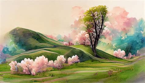 Premium Photo Decorative Watercolor Spring Landscape With Single Lush