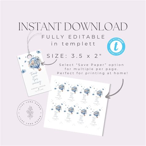 Hot Air Balloon Favor Tag Printable Editable Something Blue Bridal Shower Gift Tag Baby Shower