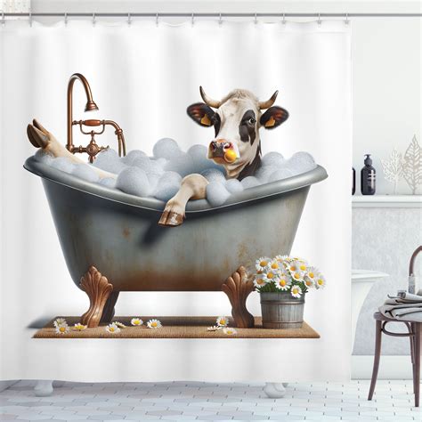 Ambesonne Rustic Shower Curtain Bathing Cow And Chamomiles 69 Wx75 L