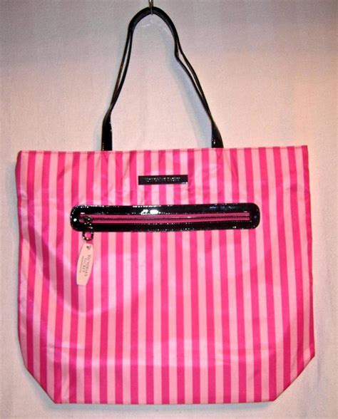 Victoria S Secret Pink Stripe Microfiber Leather Tote Handbag Bag Purse