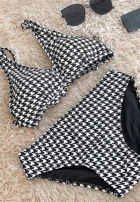 Buy Sunnydaysweety Korean Thousand Bird Checker Cross Strap Swimsuit Sexy Bikini