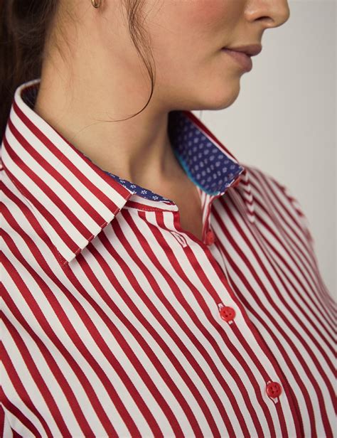 Women S White Red Stripe Fitted Slim Shirt With Contrast Detail