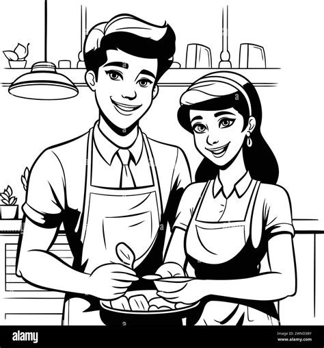 couple cooking food at restaurant cartoon vector illustration graphic design in black and white ...