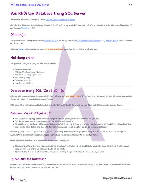 Howkteam Vn Khởi Tạo Database Trong Sql Server Bài Khởi Tạo