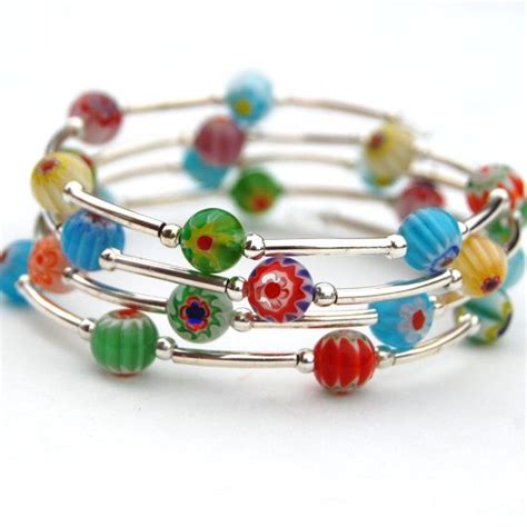 Multi Colored Millefiori And Silver Memory Wire Bracelet Beaded Bangle