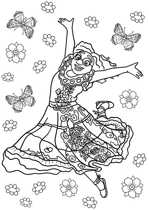 Encanto Coloring Page Mirabel Jumping Among Flowers And Butterflies