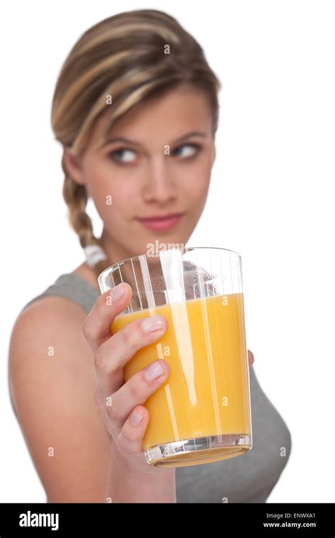 Healthy Lifestyle Series Woman Holding Glass With Orange Juice Stock