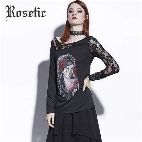 Rosetic Gothic Blouse Black Women Autumn Top Casual Shirts Girl Print