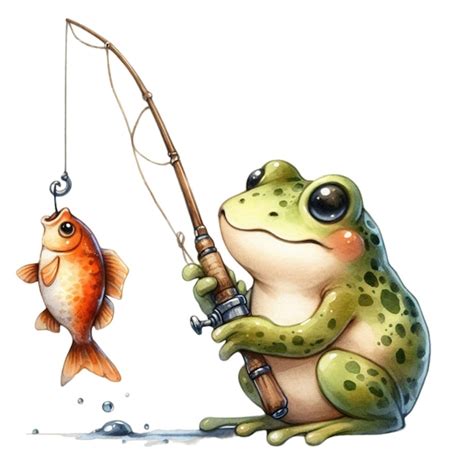 Sapo Sentado E Pescando Clipart Aquarela Vetor Premium