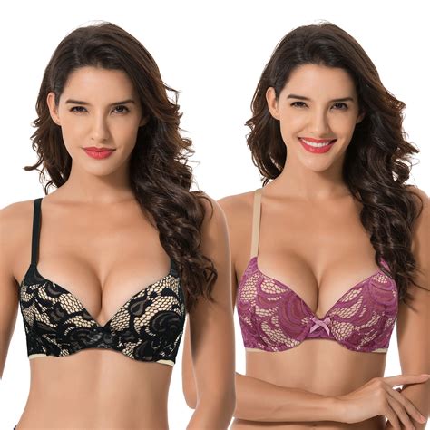 Curve Muse Womens Plus Size Perfect Shape Add 1 Cup Push Up Underwire Lace Bras 2pk Roseblack