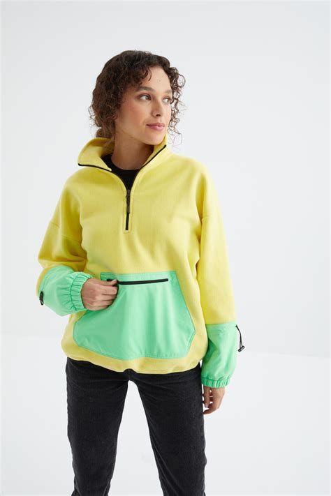 Limon Etek Ucu B Zg L Yar M Fermuarl Oversize Kad N Polar Sweatshirt