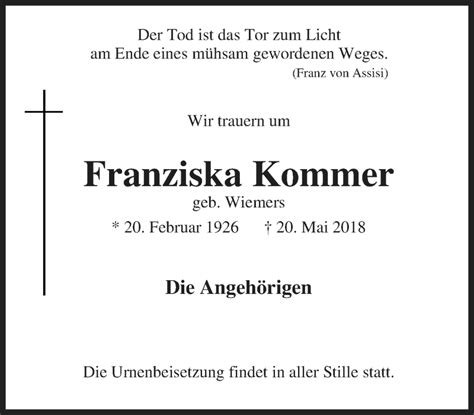 Traueranzeigen Von Franziska Kommer Trauer In NRW De