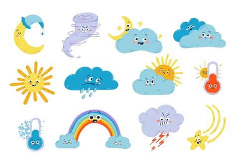 Lindo clima vector ilustración divertido icono conjunto de sol nube