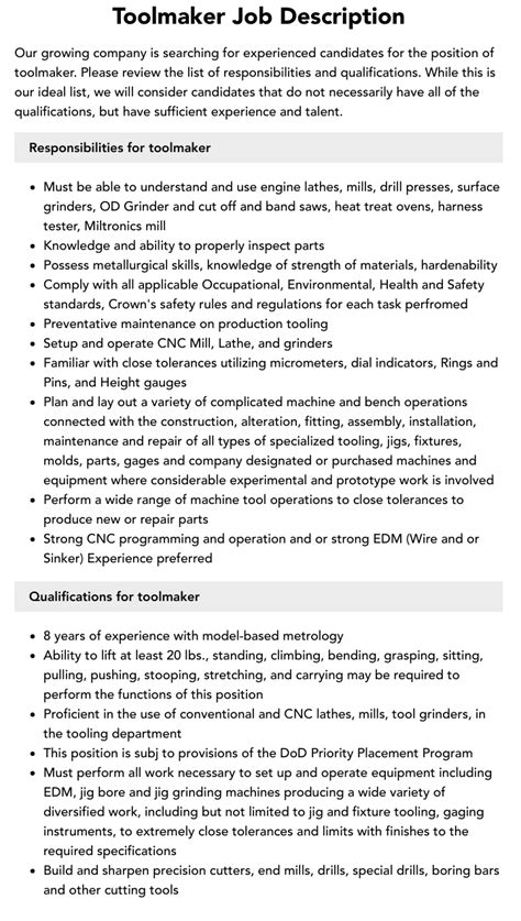 Toolmaker Job Description Velvet Jobs