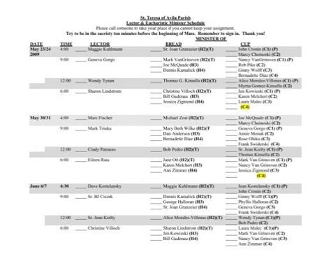 St. Teresa of Avila Parish Lector & Eucharistic Minister Schedule ...