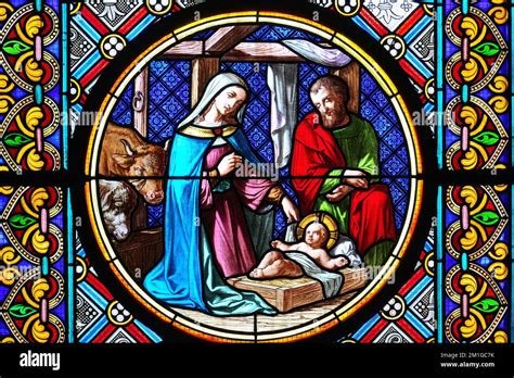 Nativity Scene Stained Glass Window In The Cathedral Basel