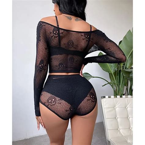 Women S Fishnet Off The Shoulder Lingerie Set Sexy Black Mesh Bodysuit