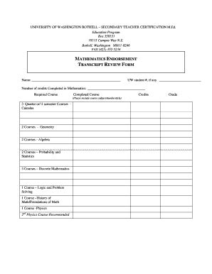 Fillable Online Uwb Mathematics Endorsement Transcript Review Form Uw