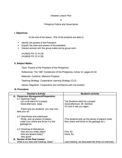 Detailed Lesson Plan Jtm Detailed Lesson Plan In Philippine Politics