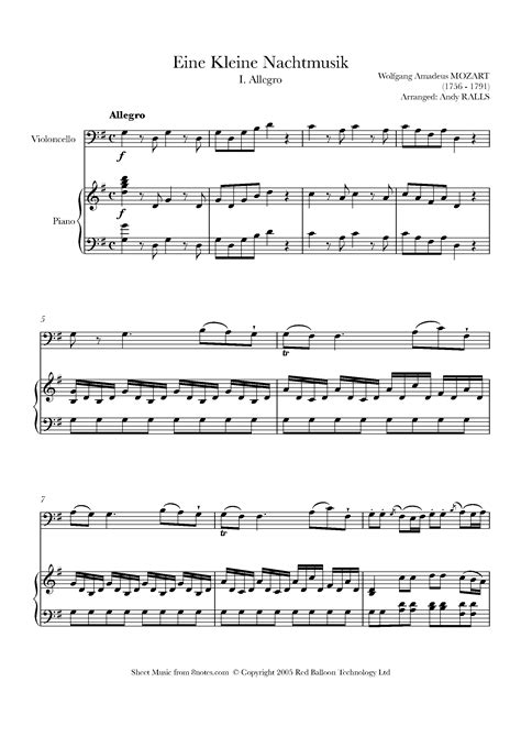 Mozart Theme From Eine Kleine Nachtmusik Solo Sheet Music For Cello