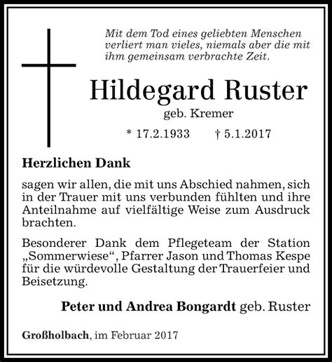 Traueranzeigen Von Hildegard Ruster Rz Trauer De