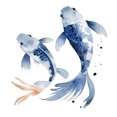 Watercolor illustration of two mint koi fish on Transparent background ...