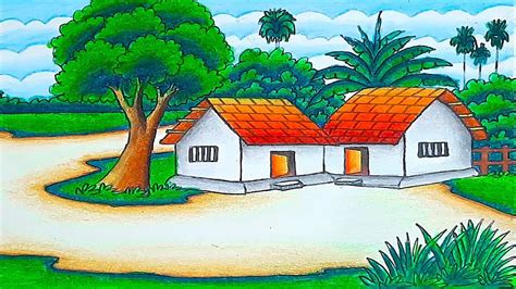 Indian Village Scenery Drawing Beautiful Village Scenery Painting Very