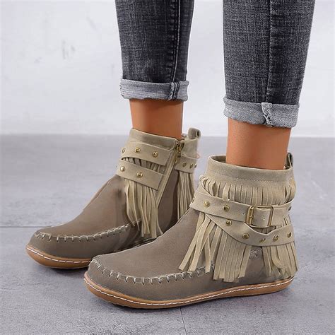 VKEKIEO Ankle Boots For Women Low Heel Flat Toe Flat Heel Platform