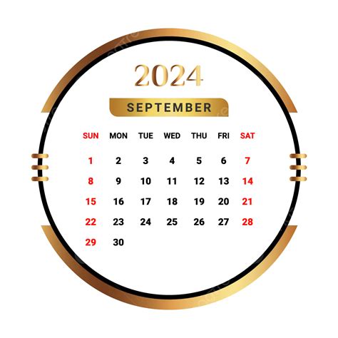 Calendario Del Mes De Septiembre De 2024 Con Dorado Y Negro Vector PNG