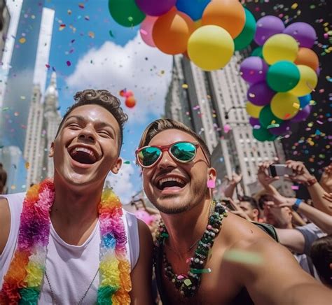 Casal Gay Feliz Comemorando Na Parada Do Orgulho Lgbtq Em Nova York Eua