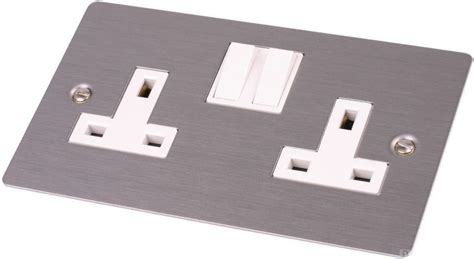 Double Wall Socket 2 Gang Flat Plate Satin Stainless Steel 13amp Slim Twin Plug Uk