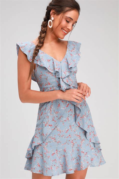 Cute Light Blue Dress Floral Print Mini Dress Ruffled Dress Lulus