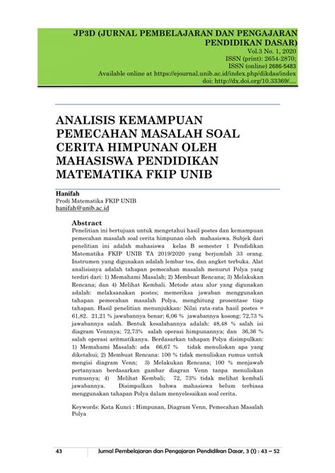 Pdf Analisis Kemampuan Pemecahan Masalah Soal Cerita Himpunan Oleh