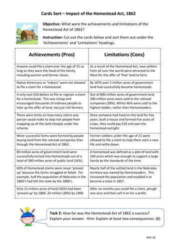 Card Sort How Successful Was The Homestead Act Of 1862 Teaching