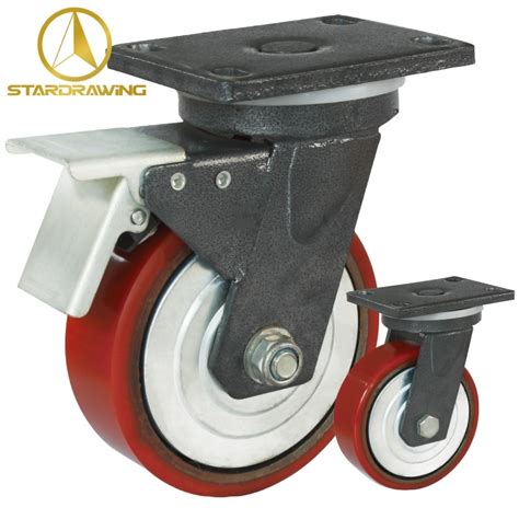 Stardrawing 4 5 6 8 Inch Industrial Cast Iron Red PU Caster With Flat