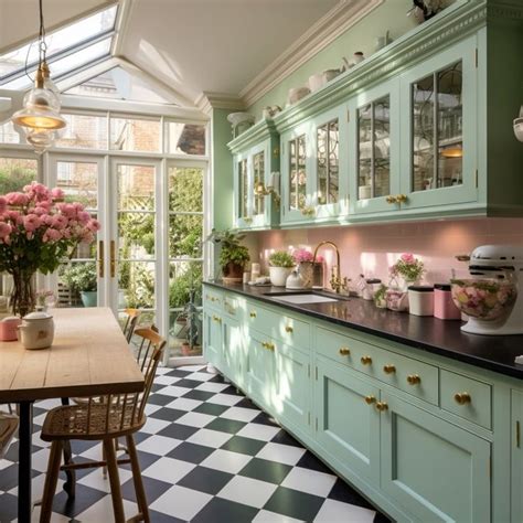 Pastel Green Kitchen with Black Countertop