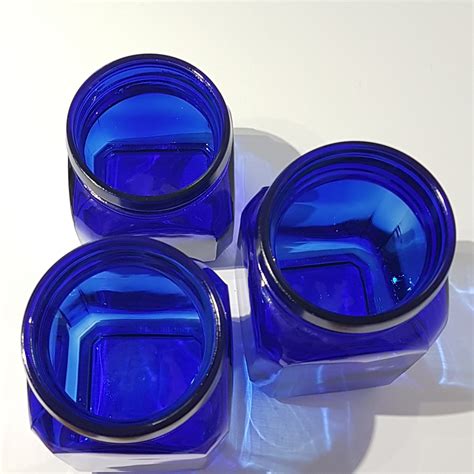 Set Of Cobalt Blue Glass Canister Jars With Wood Lids Vintage